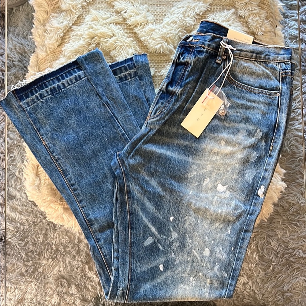 MNML Men's Blue Distressed Flare Jeans
